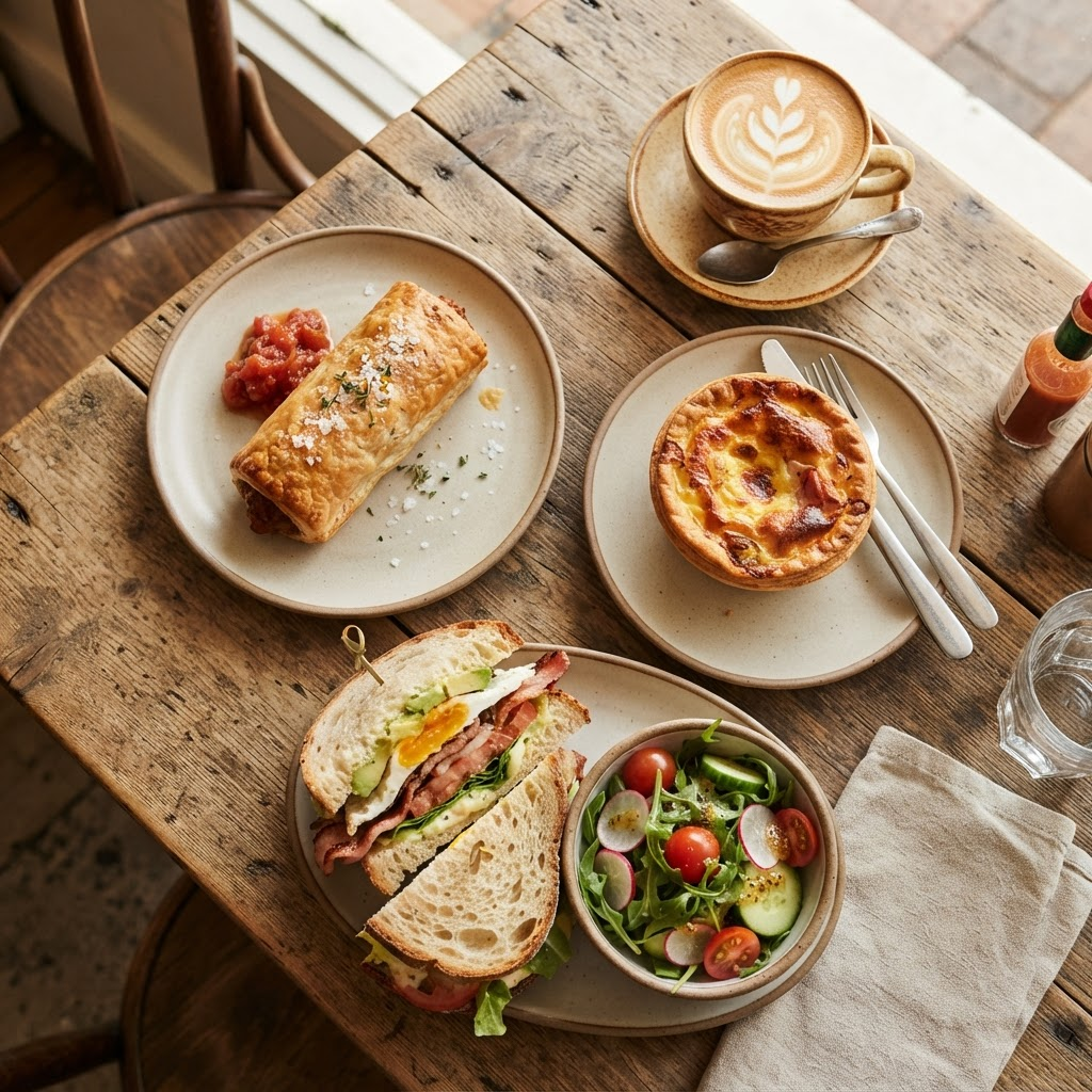 Flat lay of a sausage roll, egg and bacon pie, sandwich, salad and flat white coffee
