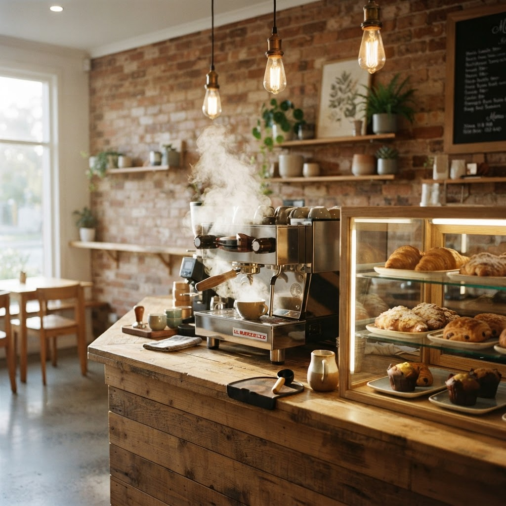 Warm cafe counter at Coffee On Bate with espresso machine, pastries and morning light