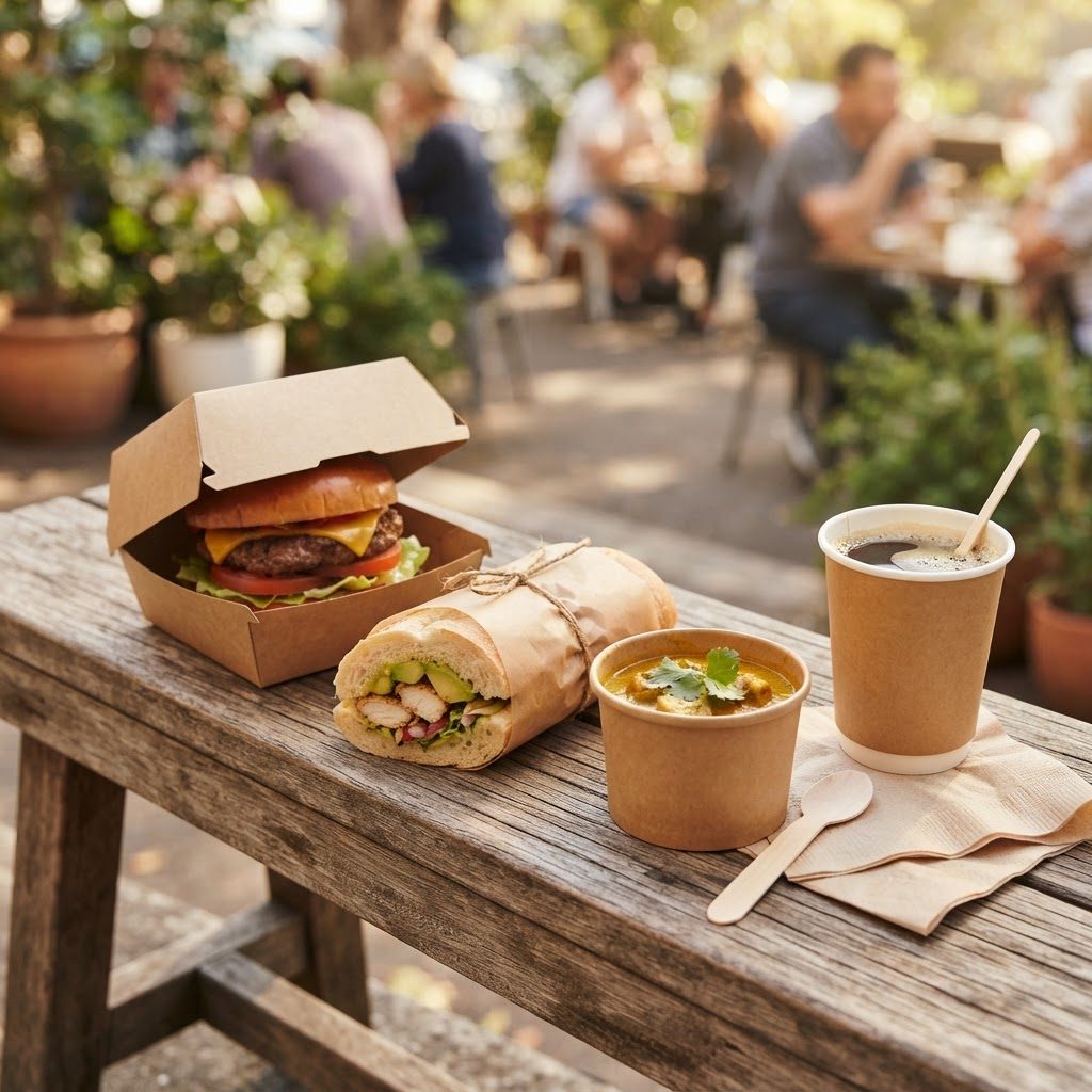 Hot and cold takeaway food packed in kraft paper boxes with a takeaway coffee cup